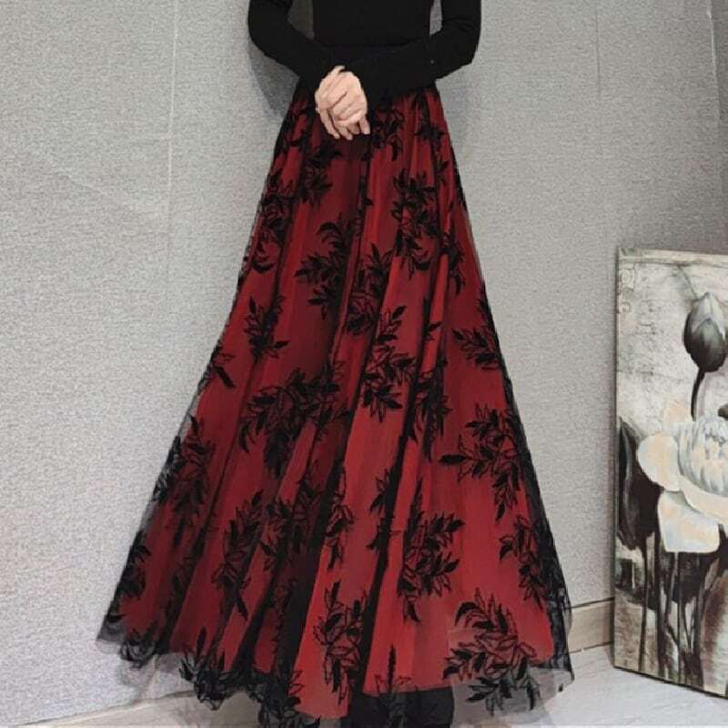 [HUANXIAOMO series] ★Floral pattern skirt★ 3 colors, 3 lengths available, large size, red, black