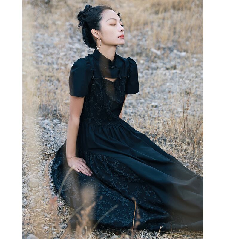 [Daiseiryusu Series] ★Chinese style dress★ Summer Chinese clothing Maxi length Long length Chinese button Black Black