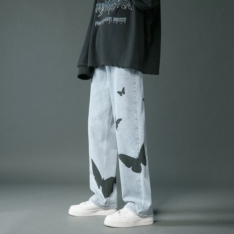 [Snow Qiongsi Series]★Denim Pants★ 2color Bottoms Pants Unisex Men's Butterfly Print Unique Black Blue