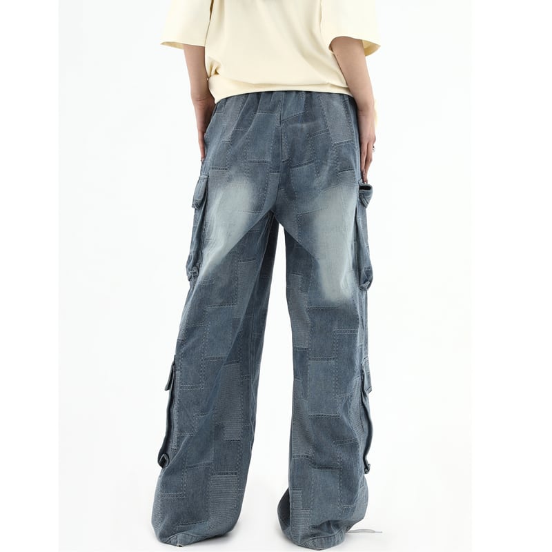 [Studios Series]★Denim Pants★ Bottoms Unisex Men's Trousers Plaid Pattern Elastic Waist Retro