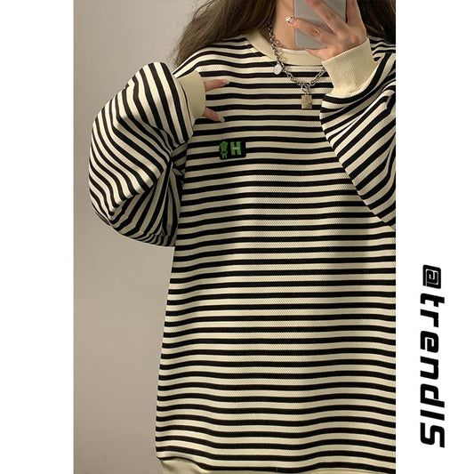 [BIGEMAN Series] ★Tops★ 2color Horizontal striped pattern long sleeve tops Unisex Men's Large size Black Coffee color