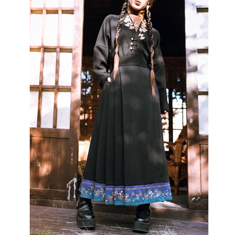 [Kokaisha --- Leaf Collection Series] ★Chinese style skirt★ Bottoms Hanfu skirt Switching Black Black