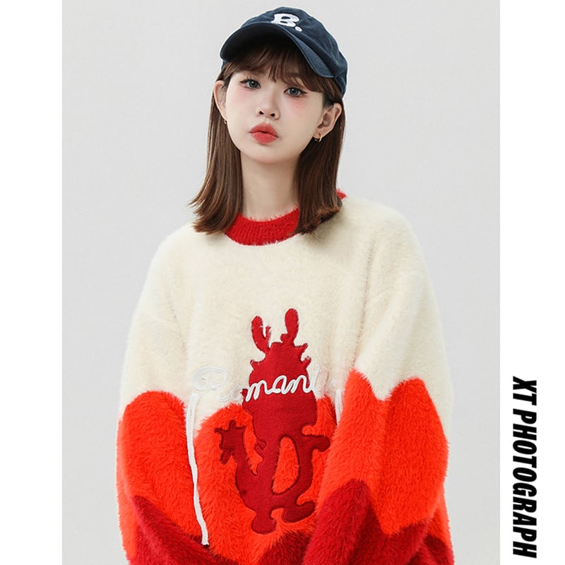 [Fujiiman Series] ★Sweater★ 3color Knit Tops Cartoon Dragon Unisex Men's Black Red Pink New Year