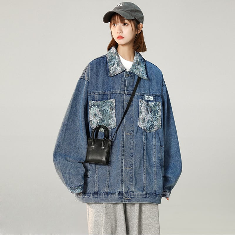 [Morimoto series]★Jacket★ Outerwear 2color Floral pattern Unisex Men's Denim Oil painting style Blue Blue