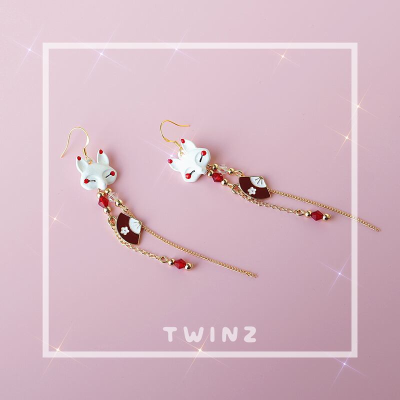 [Dashiro Series] ★Earrings★ Pair Accessories 4 Types Fox Fan Red Gold Cute Long Length 9cm