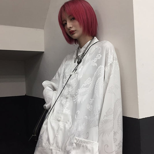 【長袖】 チャイナ風トップス シャツ 改良唐装 中華服 ブラック ホワイト 男女兼用 カップル服 M L XL