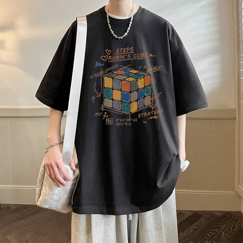 [V37 Series]★T-shirt★ Tops 7color Unisex Men's Large Size Rubik's Cube Pattern