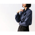 Load image into Gallery viewer, Shirt Blouse Tops Outerwear Women's Fashion New Korean Style Simple Elegant Commuting OL Office Ribbon Neck Single Breasted Lantern Sleeve SML Blue Plain Chiffon
