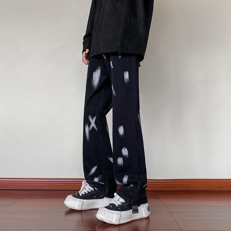 [Tiaota Series] ★Denim Pants★ Bottoms Trousers Print Unisex Men's Large Size Black Black