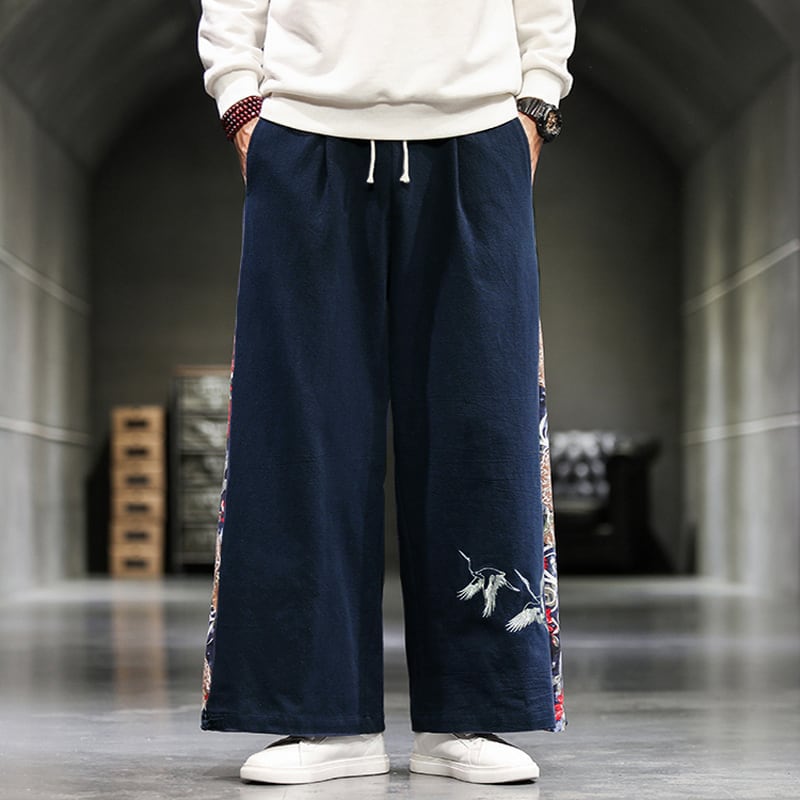 [Tsuncho Series] ★China style pants★ 3color wide pants black navy gray men's large size switching cool