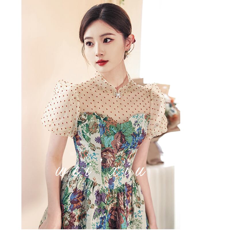 [WEIXIU Series] ★Party Dress★ One Piece Switching Floral Pattern Dot Pattern Short Length Cute Wedding