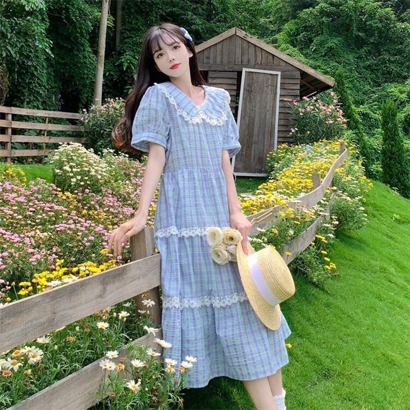 【董小姐シリーズ】★チェック柄ワンピース★ 大きいサイズ 通学 通勤 着痩せ 可愛い ブルー 夏服 半袖