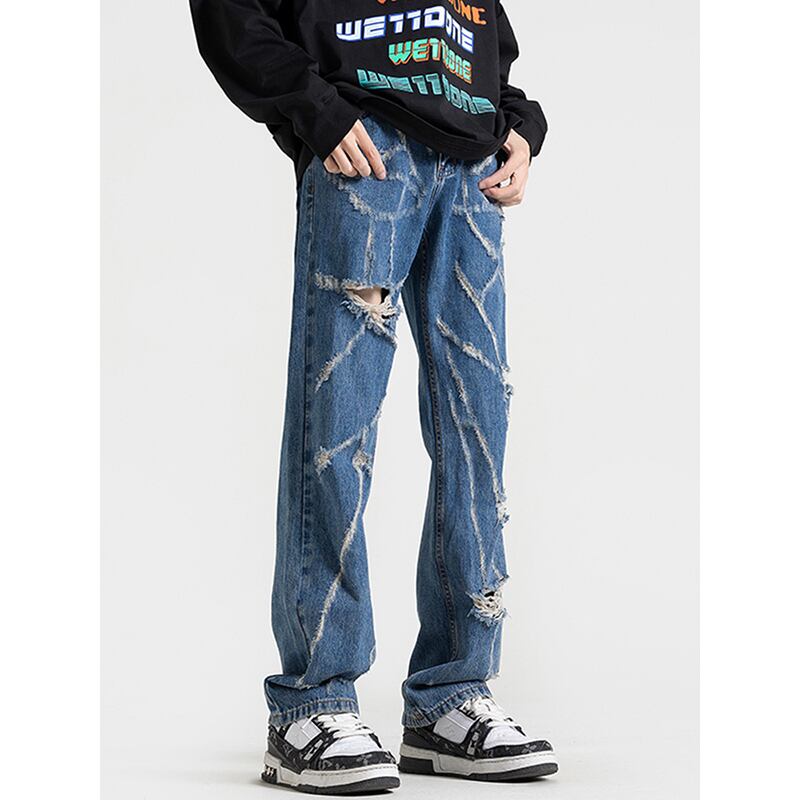 [BIGEMAN Series]★Denim Pants★ Unique Bottoms Trousers Men's Large Size Distressed Blue Blue