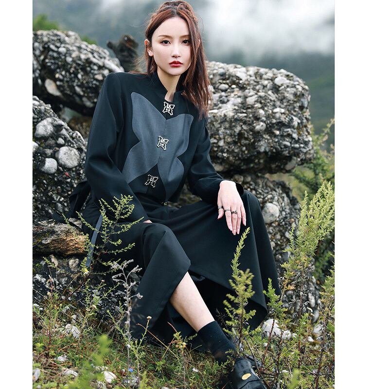 [Big Blue Dragon Series] ★China style outerwear★ Mini length Butterfly design Original black gray color scheme