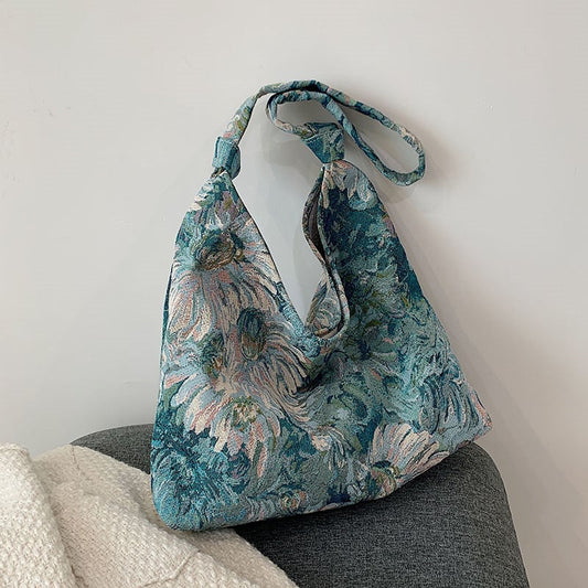 [Ako series] ★Oil painting style bag★ 3color tote bag Floral pattern Blue Green Black Easy to match