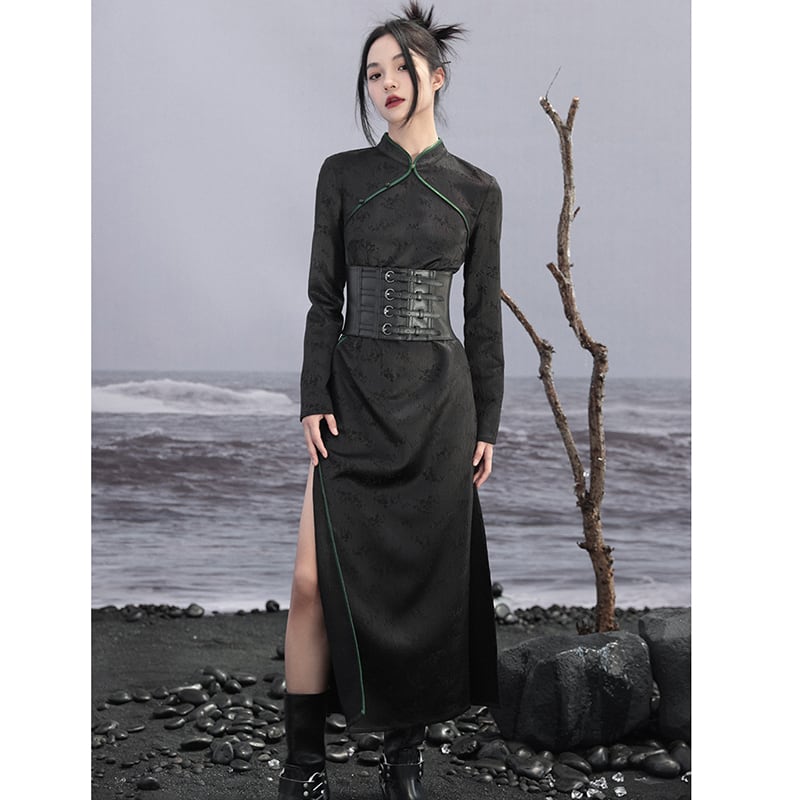 [Da Qinglong Shu Series]★Chinese style dress★ Improved Chinese dress, long sleeves, switching, long length, original, improves temperament, Chinese clothes, black