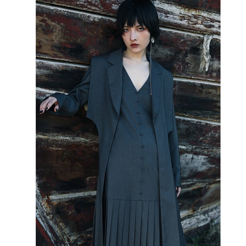 [Daiseiryushu Series]★Setup★ 2-piece V-neck dress + shoulder straps, improves temperament, gray, gray, long length