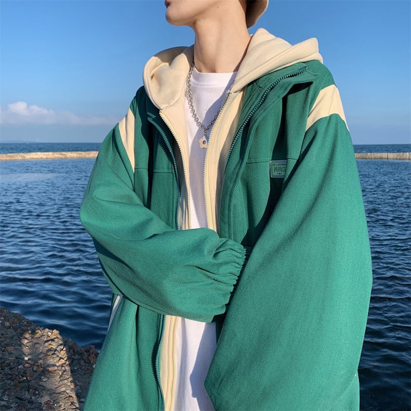 [MANYSTON series]★Jacket★ Outerwear 3color fake layered hooded unisex men's green black beige