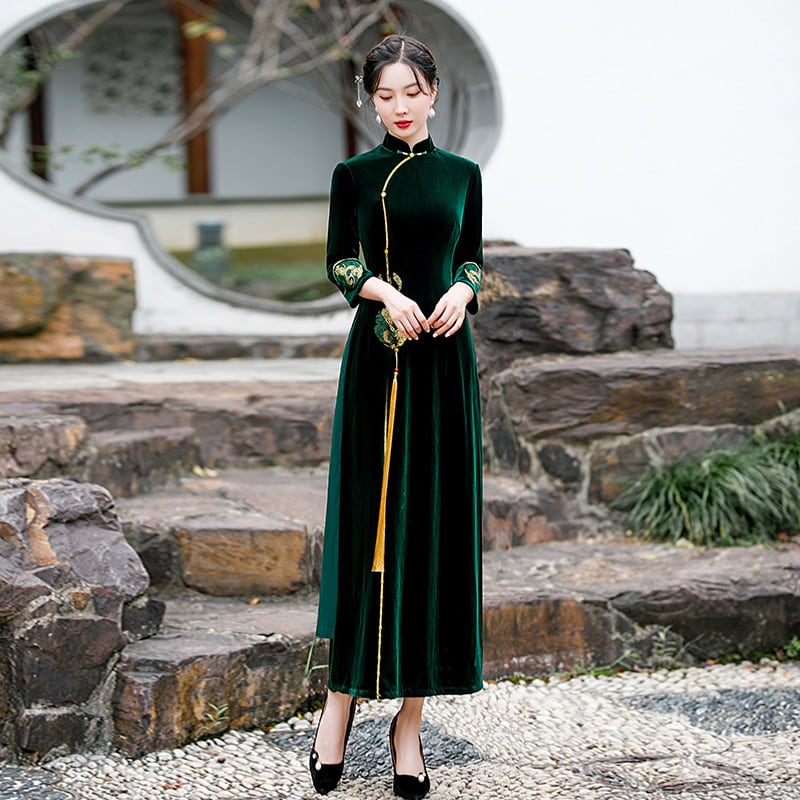 [ZHEZI series]★China dress★ 3color velvet embroidery large size long length green blue red