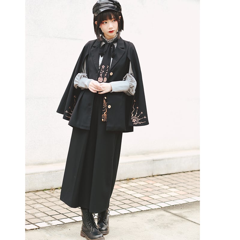 [Kokaisha---Mou Series] ★Chinese-style outerwear★ Cloak, embroidered, fashionable, black, ML, original, slimming