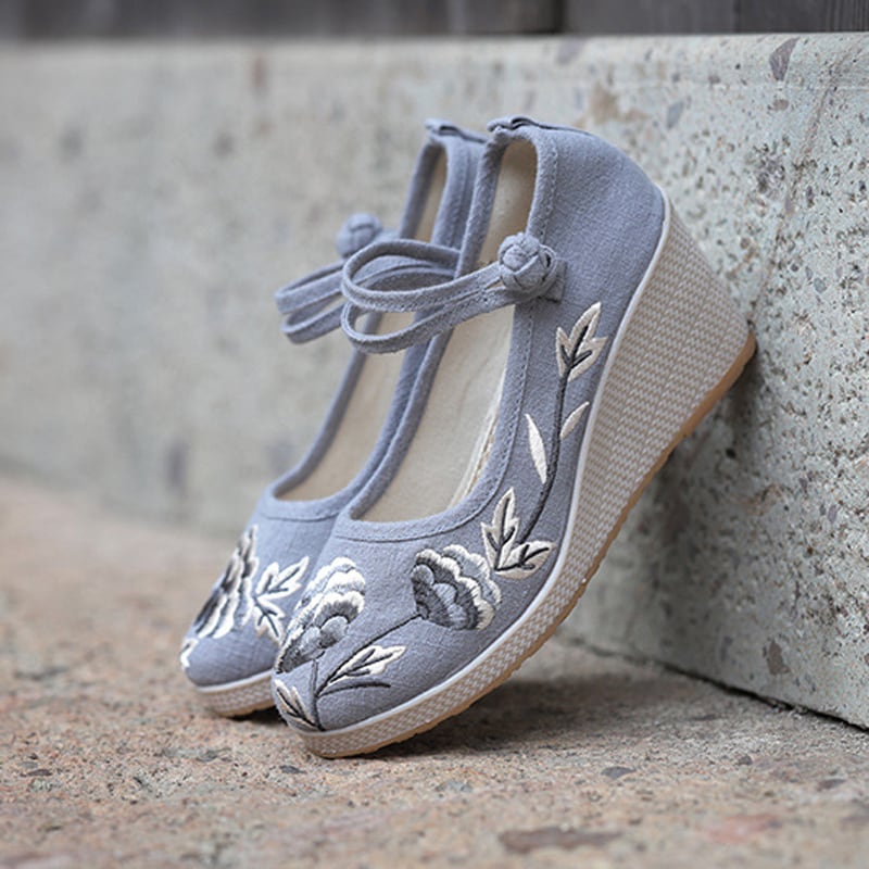 [JINGCHENG series] ★China style shoes★ Shoes 3color embroidery High heels 6.5cm Size 35-40 Tang clothing, cotton linen