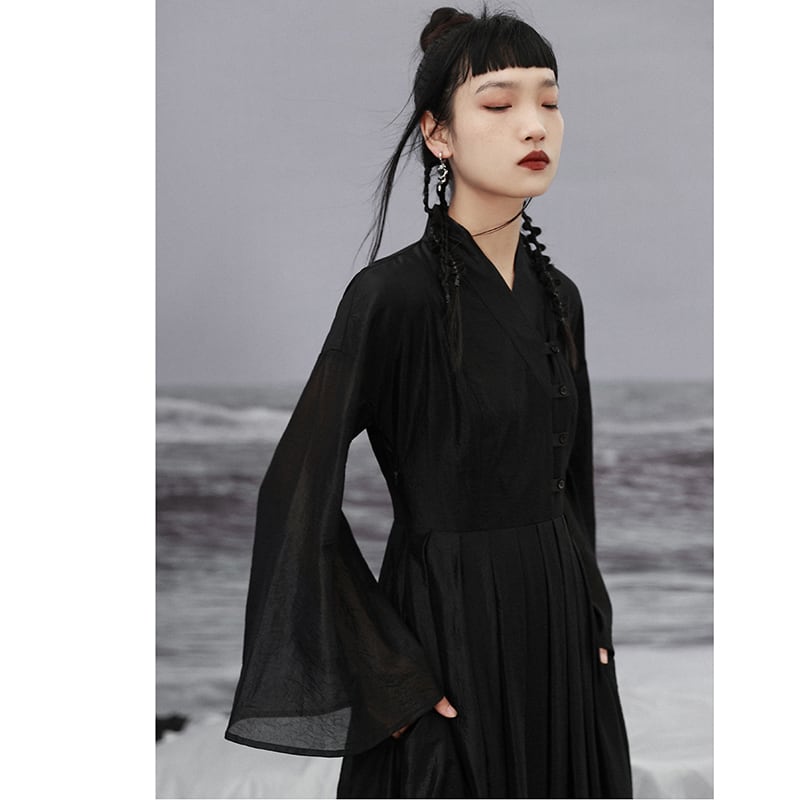 [Da Qinglong Shu Series] ★Chinese style dress★ V-neck long sleeve retro long length original temperament enhancement Chinese clothing