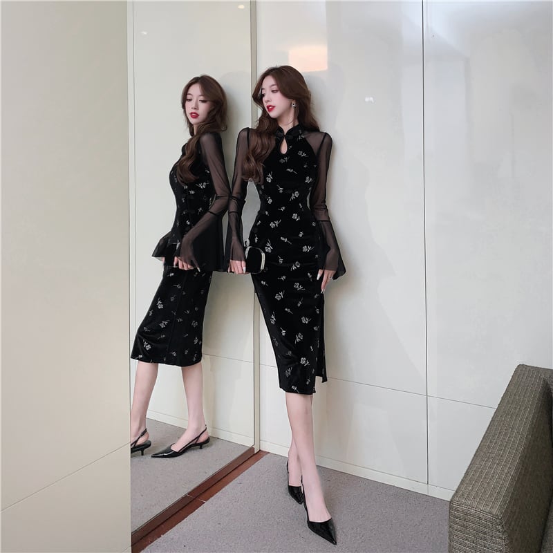 [Eighteen Impression Series]★China Dress★ Velvet Switching Rose Slimming Sexy Black Black SML