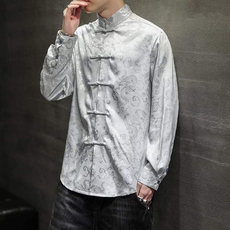 [BITIWO Series]★China style shirt★ Men's 6color tops Dragon crest large size black white blue silver yellow red thin