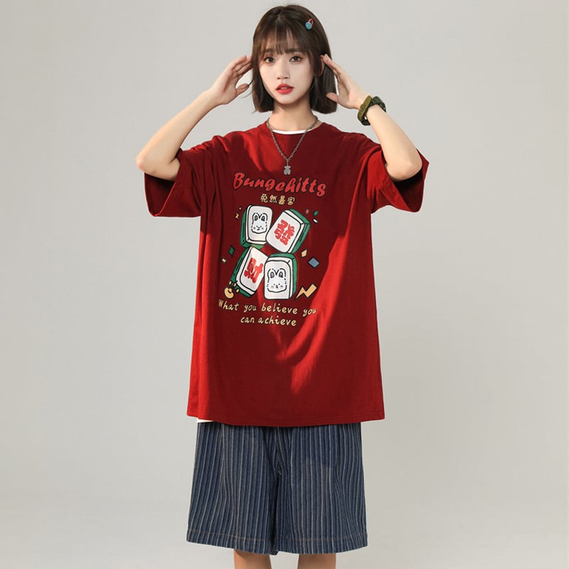 【LIEQUシリーズ】★トップス★ Tシャツ 4color 男女兼用 メンズ 大きいサイズ 赤 青 白 可愛い 夏服