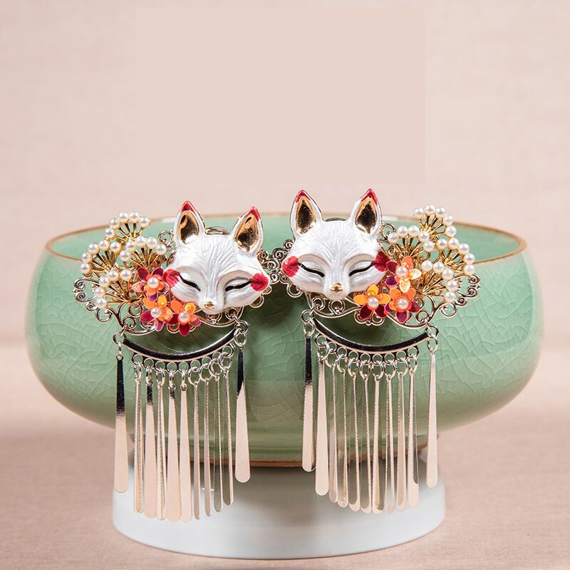 [Ome Yasuka Series] ★Hair Accessory★ Pair of Hairpins, Fox, Coming of Age Ceremony, Party, Gift, Fringe, Flower, Beads, Cute, Good Qualities