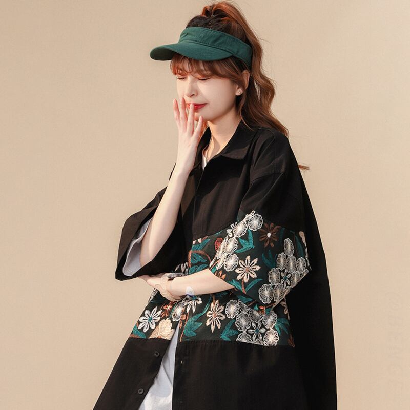 [High Series] ★Chinese-style shirt★ 2 colors, black or white, short sleeves, summer, embroidery, floral pattern, unisex, large size