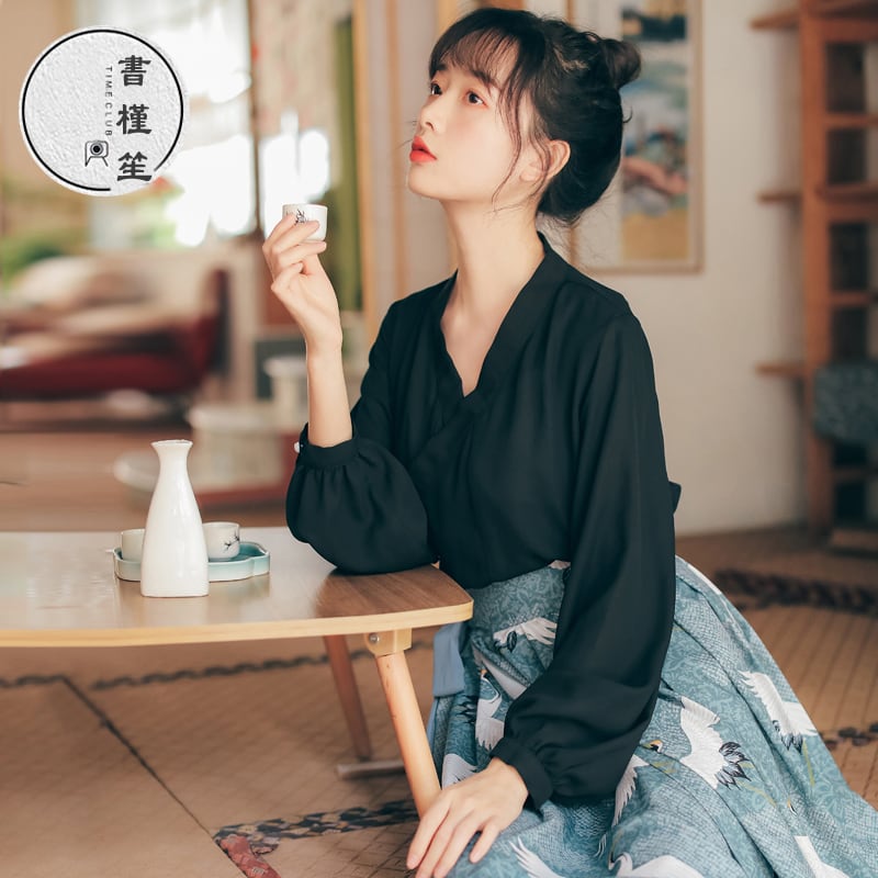 [Shukunsho Series]★China style shirt★Hanfu shirt Long sleeve Plain V neck Simple Black Black S M L XL