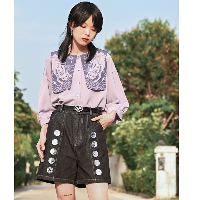 [Old Monster --- Rabbit Series] ★China style shirt★ 2color tops 3/4 sleeve tops black purple