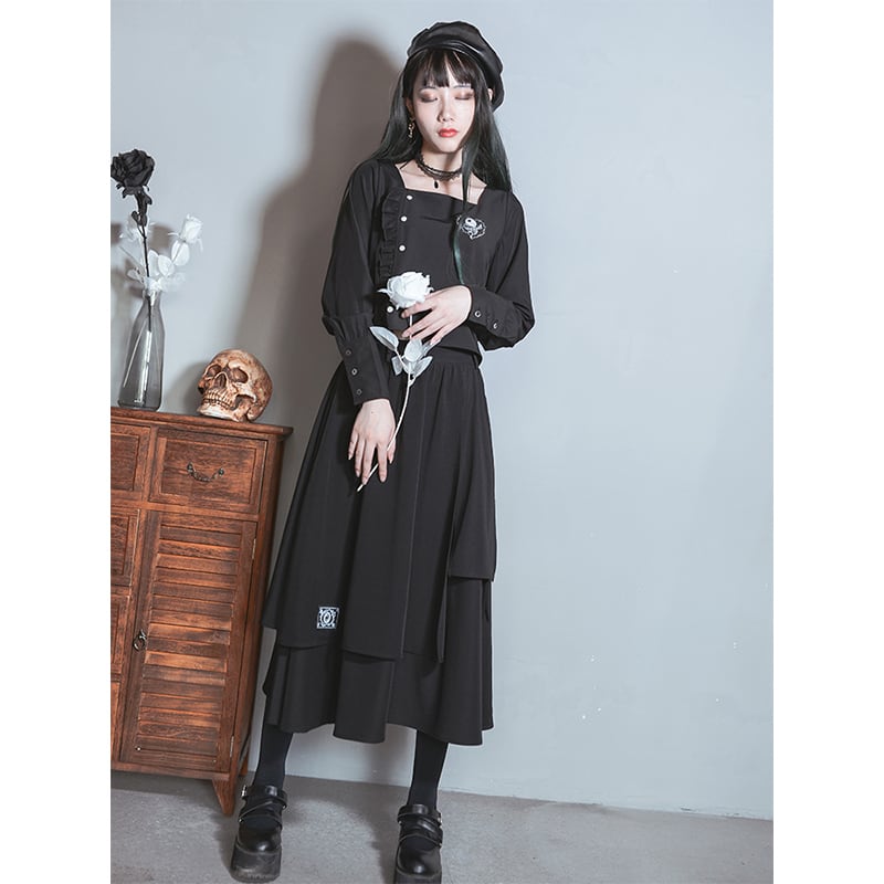 [Kokaisha---Eyeball Rose Series] ★Chinese style skirt★ Bottoms Chinese clothing S M L XL Easy to match Black Black Irregular