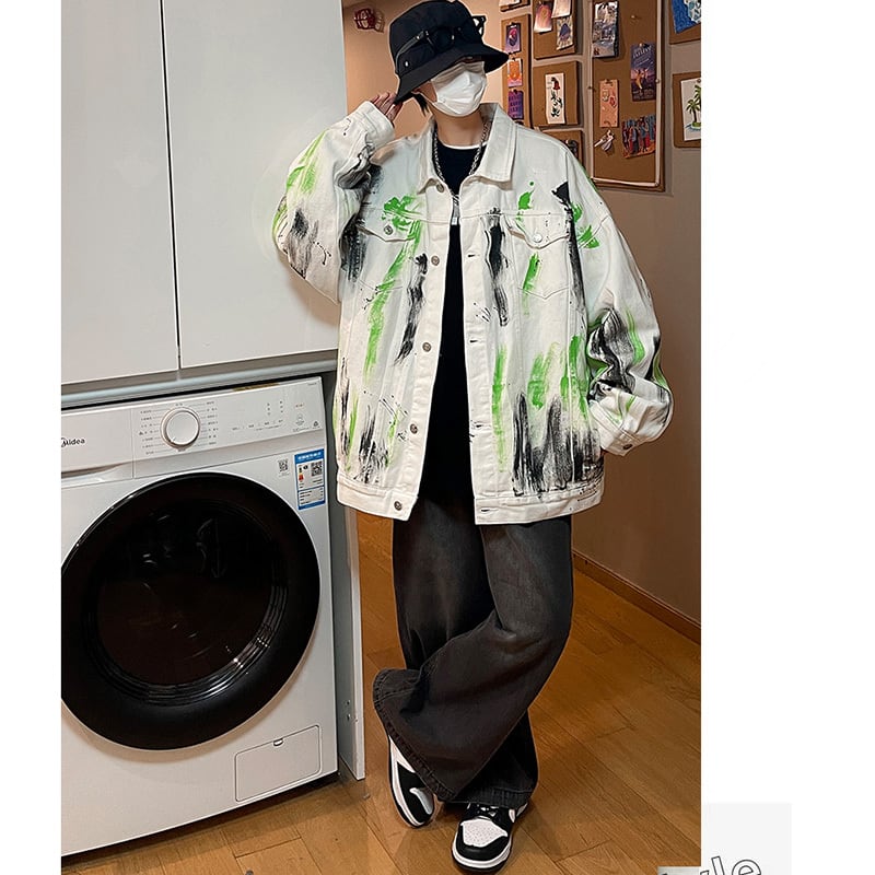 [YESE Series] ★Jacket★ 2color Denim Outerwear Graffiti Unisex Men's Stylish Spring Clothes Black White