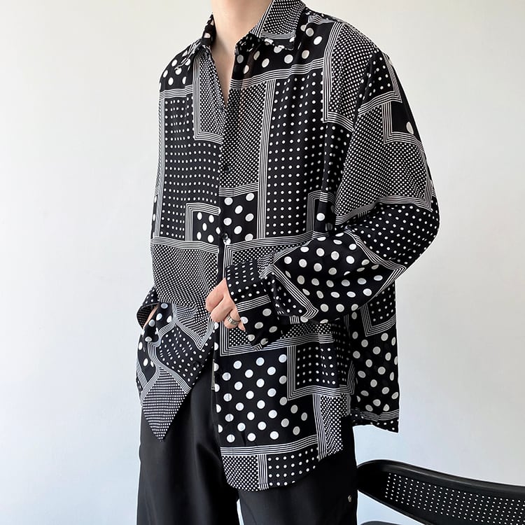 [ZHUIYI Series]★Shirt★ Tops, long sleeve shirt, plaid pattern, dot pattern, unisex, men's, thin, cool, black, black