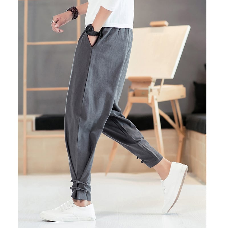 [Mowensai Series]★China style pants★Men's 3color casual pants Cotton Chinese button Large size Black Navy Gray