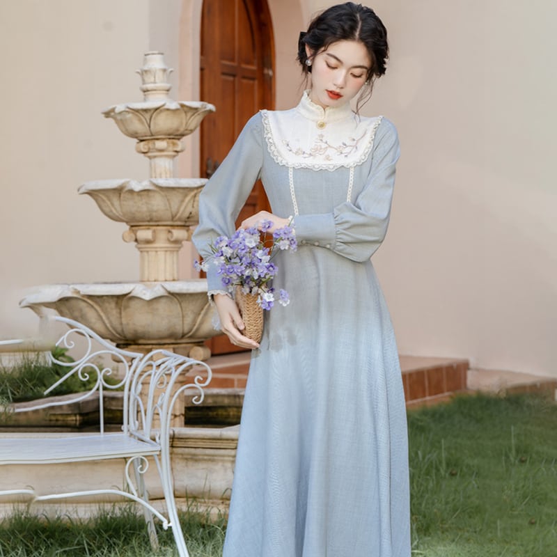 [Tatsuze Chenis Series] ★Chinese style dress★ Hanfu dress, Chinese elements, retro, switching, fake layered, blue, blue