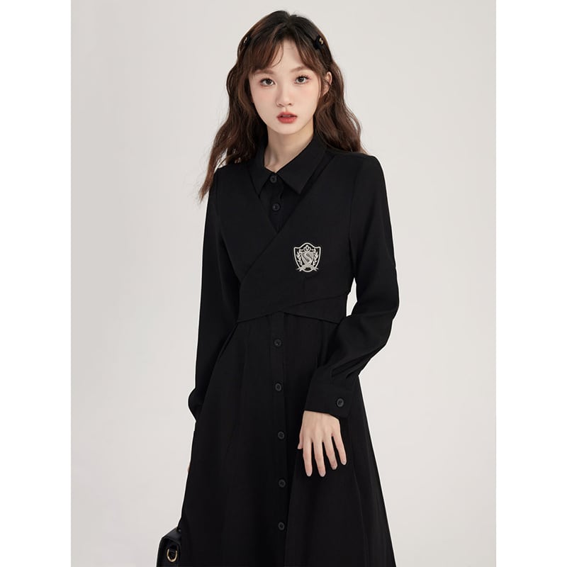 [Shojinsho Series] ★One Piece★ Irregular long sleeve dress Designed Cute Stylish Black Black