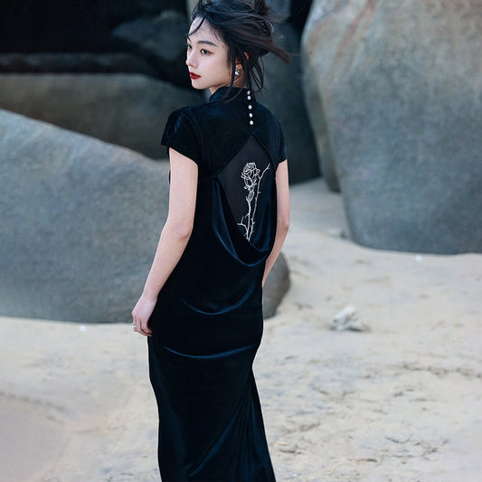 [Da Qinglong Shu Series] ★China style dress★ Improved cheongsam dress, velvet, improves temperament, long length, black