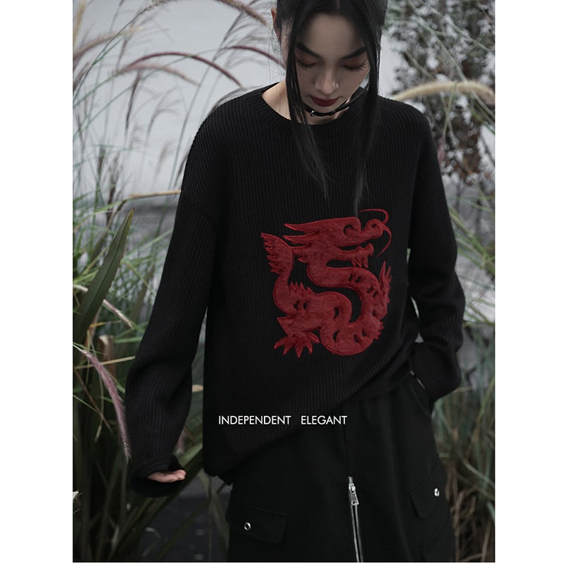 [Big Blue Dragon Series] ★Chinese style sweater★ Knit tops Dragon crest Chinese clothing Black Black Irregular