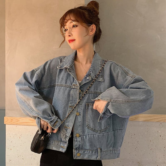 [Mikiko Series]★Denim Jacket★ Outer Jeans Short Length Fashion Easy to Match Blue Blue