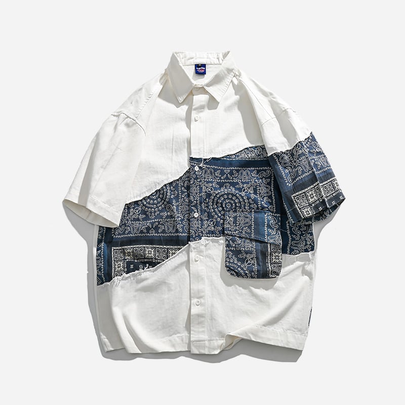 [WH Teacher Series]★Shirt★ 3color Paisley Short Sleeve Shirt Switching Tops Unisex Men's White Black