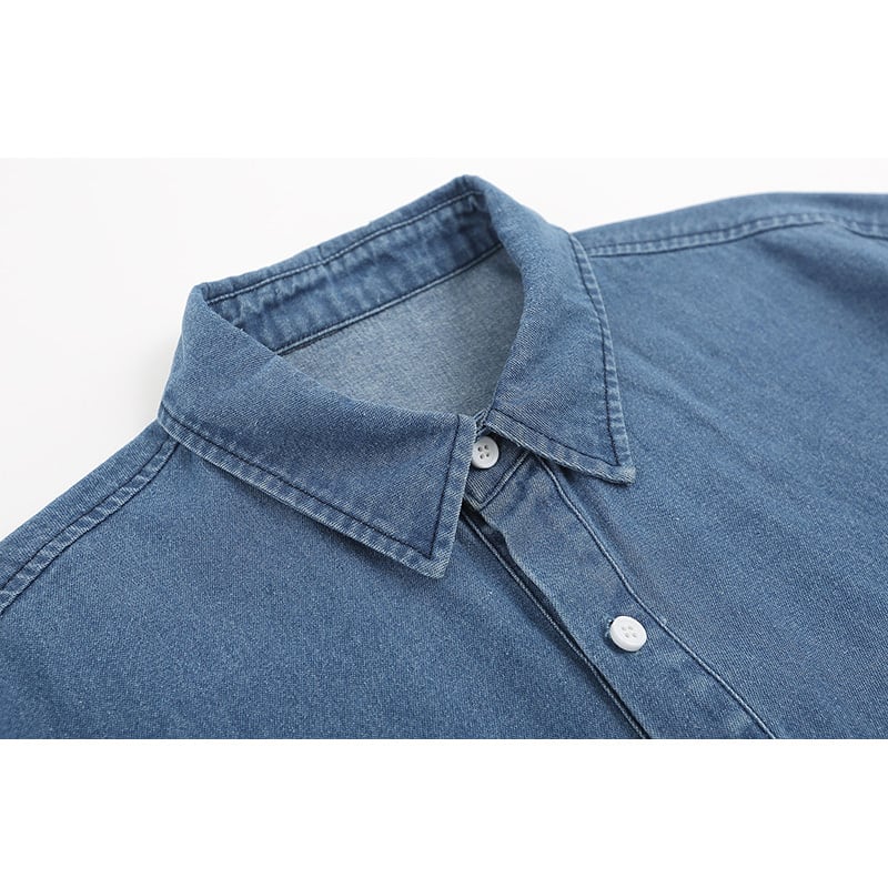 [PUDUN Series]★Denim shirt★ Tops, short sleeve shirt, unisex, men's, unique, embroidery, summer clothes, blue, blue