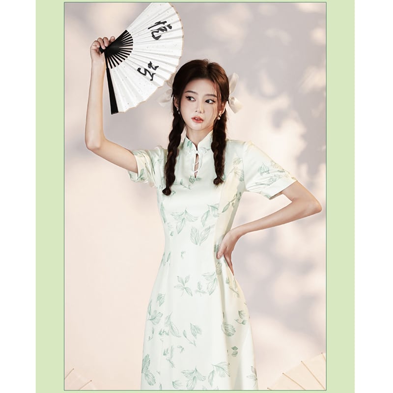 [YUEQIAO series]★Cheongsam dress★ 2color short length Chinese style dress Beige Green