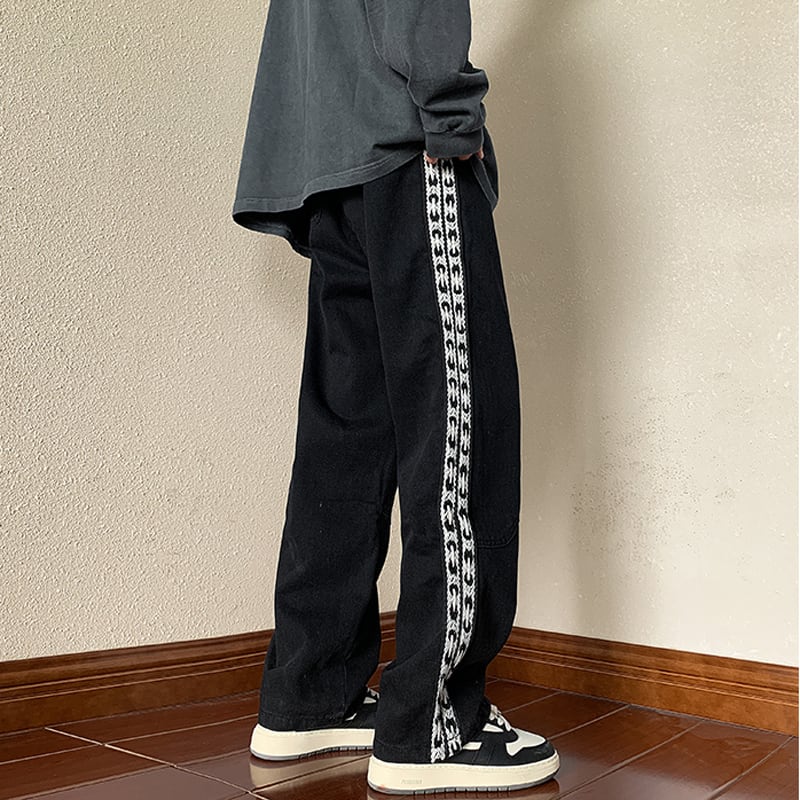 [High Series]★Casual Pants★ 2color Trousers Bottoms Denim Pants Vertical Stripes Plaid Pattern Blue Black