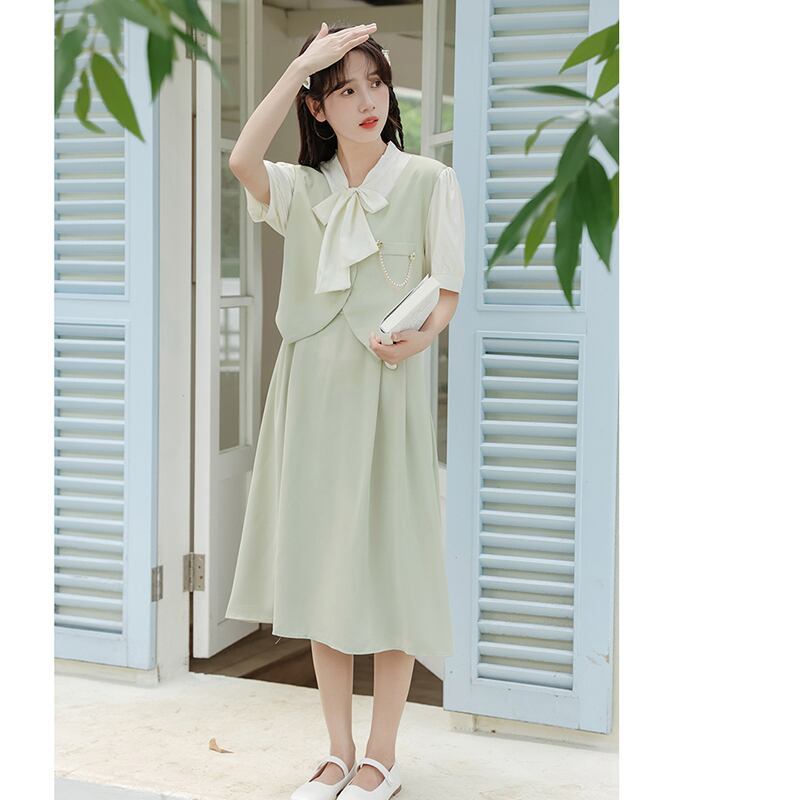 [Ali Series] ★One Piece★ Faux Layered Ribbon Commuting Wedding Date Office Summer Clothes Green Green