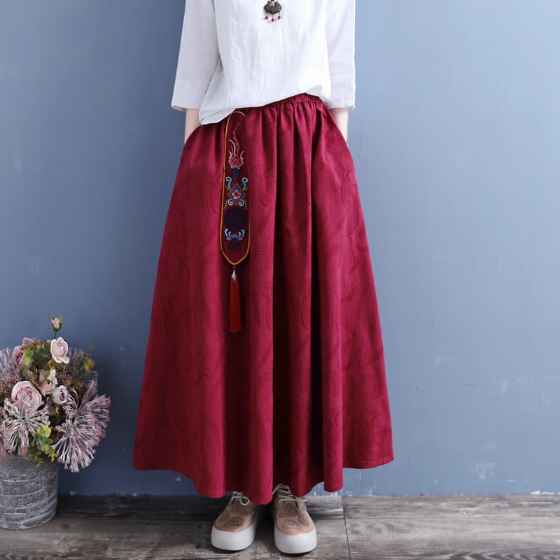 [Qing series]★China style skirt★ 3color Green or red or black Bottoms Embroidered Cotton Linen Casual Green Black Red