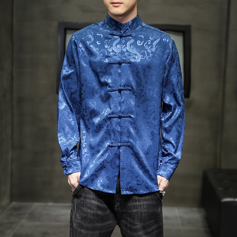 [BITIWO Series]★China style shirt★ Men's 6color tops Dragon crest large size black white blue silver yellow red thin