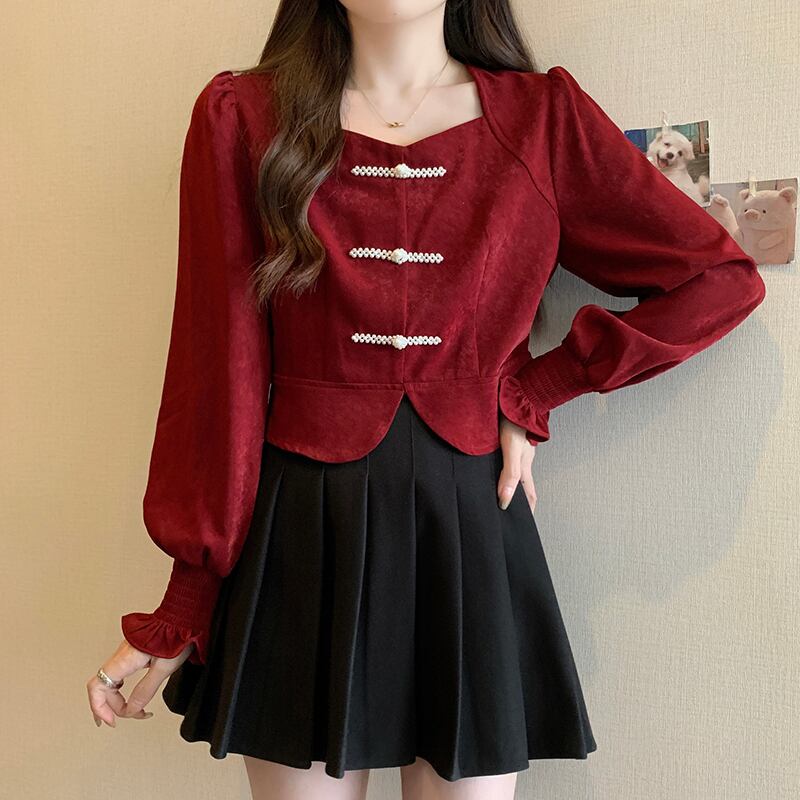 [DINGNING Series]★China style tops★ 2color long sleeve large size black red short length